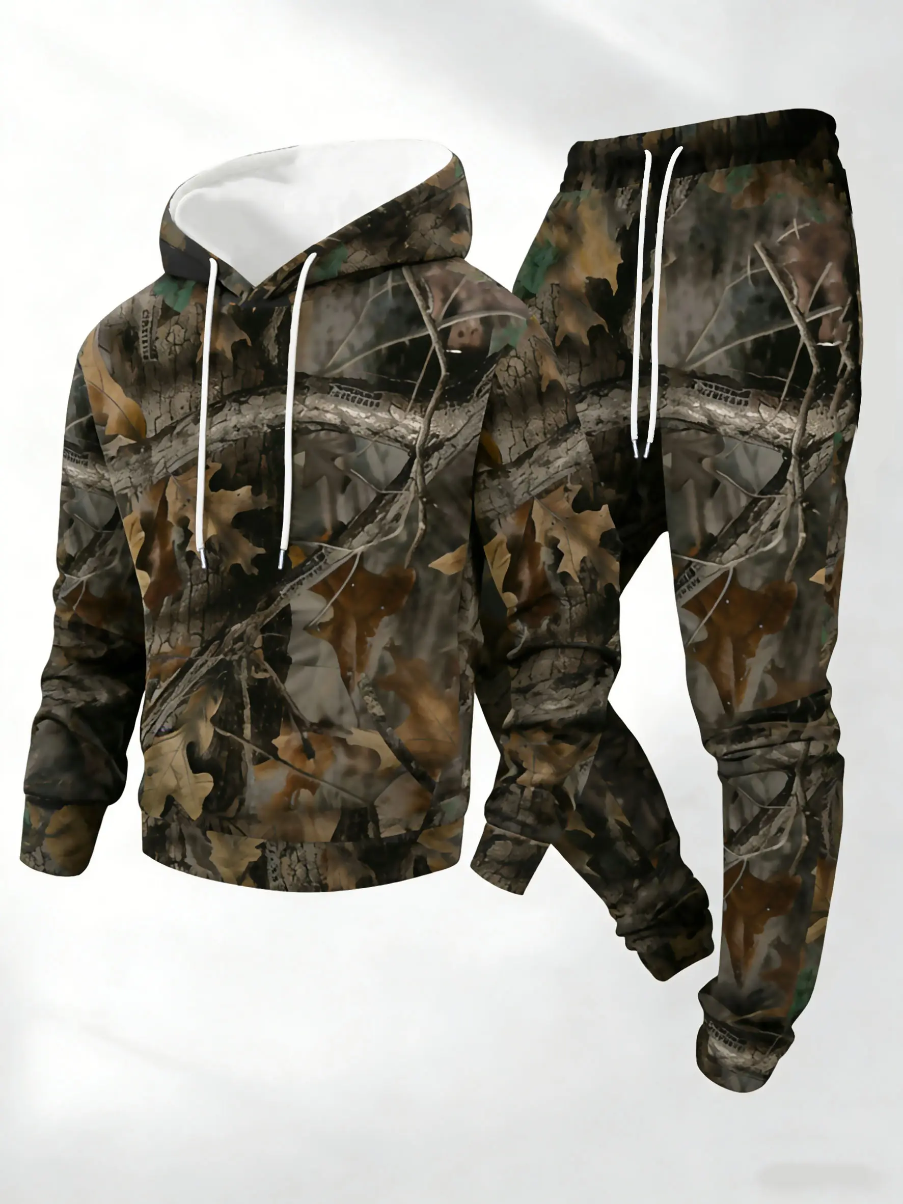 men's full body leaf print long sleeved hooded sweatshirt+pants set, casual pairing with thick and warm suit, suitable for winter and autumn