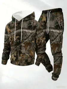 men's full body leaf print long sleeved hooded sweatshirt+pants set, casual pairing with thick and warm suit, suitable for winter and autumn