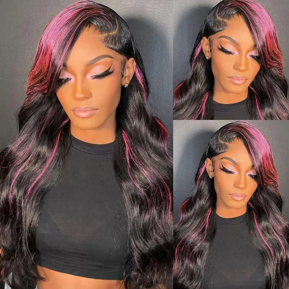 Ombre 13x6 Lace Front Wigs Human Hair Pre Plucked 180 Density Skunk Strip Highlight Wig 26inch Human Hair Pink And Black Wig Lace Frontal 1B/Pink Colored Wigs