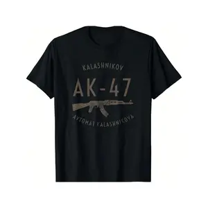 Menswear Men's Round Neck, Shortsleeve, Loose, Simple Casual Cotton Graphic T-Shirt Featuring Kalashnikov AK-47 USSR Soviet Union Rifle Design