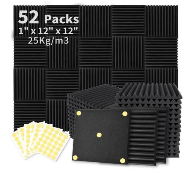 52 Pack Acoustic Foam Panels 1" x 12" x 12" Sound Proof Foam Panles Soundproofing Noise Cancelling Wedge Panels for Home Office Recoding Studio with 300PCS Double-Side Adhesive