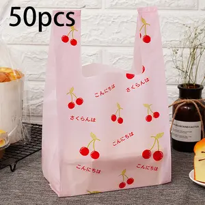 Cherry Pattern Gift Bags Set, Small Plastic Vest Bags, Durable & Lightweight Shopping Handbags, Goody Bags for Weddings, Birthdays, Parties, Party Favors, Party Favor Packs