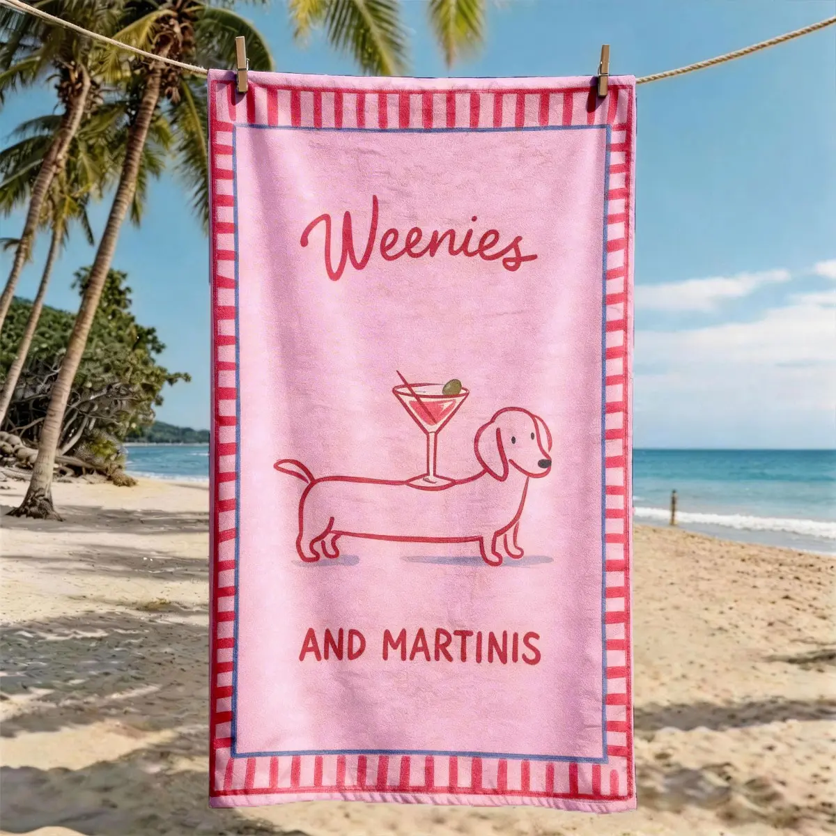 "Weenies and Martinis Dachshund and Martini" Beach Towel, Pool Towels, Quick Drying Towels | Oversized, Quick Dry, Ultra-Soft Polyester | Multi-use for Travel, Swimming, Camping | Machine Washable | 2D Flat | Best Gift for Friends and Family