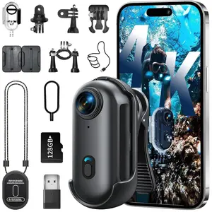 4K Thumb Action Camera with Memory Card Mini  Camera WiFi  Clip Wearable Hands-Free Recording POV Camera  case Mount Anywhere for  Vlogging Cycling (Drak Black, 128, GB)