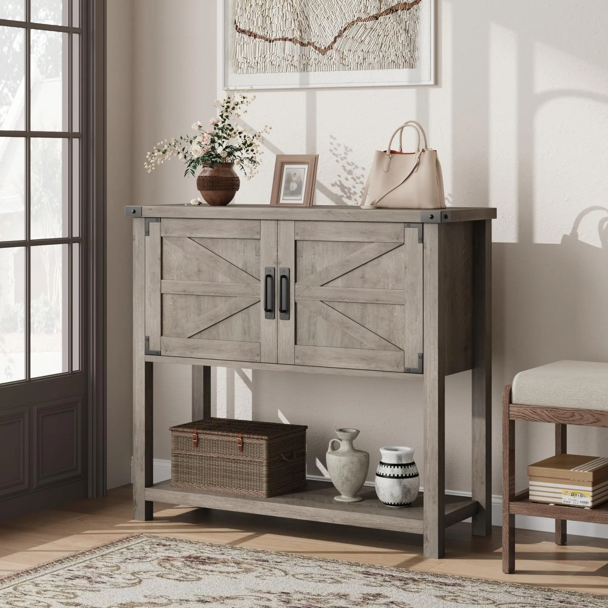 【GARVEE】Farmhouse Entryway Table with 2-Door Cabinet, Wood Console Table with Storage, Coffee Bar Cabinet, Sofa Tables Buffet Sideboard for Kitchen, Hallway, Dining, Living Room