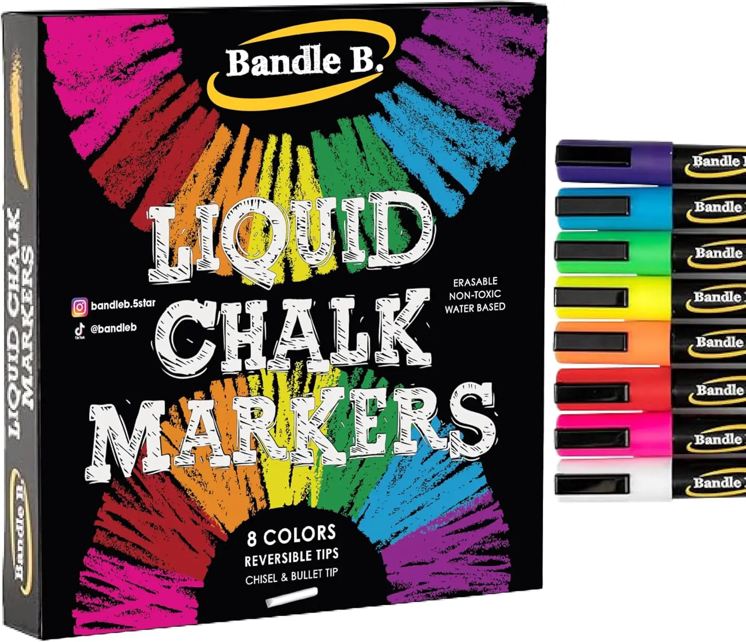 Bandle B. Chalk Markers - 8 Vibrant, Erasable, Non-Toxic, Water-Based, Reversible Tips. for Glass or Chalkboard Markers for Businesses, Restaurants, Liquid Drawing Chalk (Vibrant 6Mm)