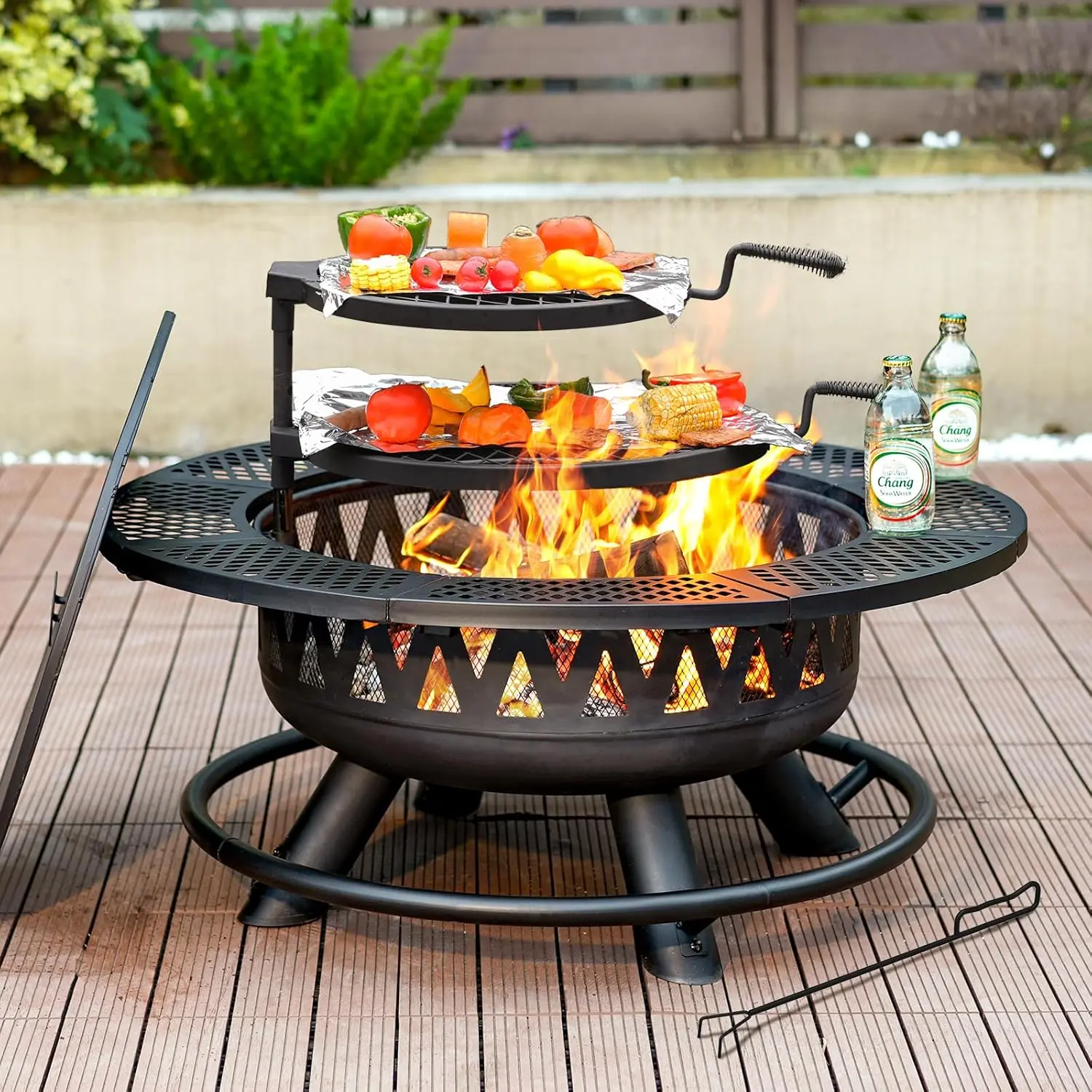 Outvue 36/42/47 Inch Fire Pit with 2 Grills, Large Outdoor Fireplace for Camping, Picnic, Bonfire, 3-in-1 Round Metal Table with Lid for Backyard, Party