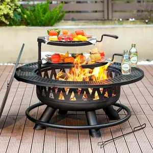 36/42/47 Inch Fire Pit with 2 Grills, Large Outdoor Fire pits for Outside, Wood Burning Fireplace for Camping,Picnic,Bonfire, 3-in-1 Round Metal Table with Lid for Backyard,Patio,Party