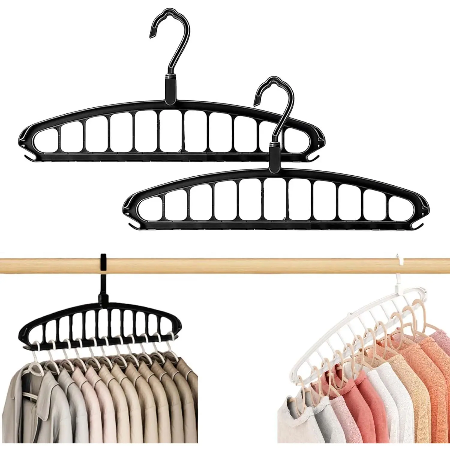 11-Hole Multifunctional Folding Clothes Hanger, 2026 New Space Saving Hanger, 360 Degree Rotatable Hook Anti-Slip Stackable Hanger for Shirt Coat Pant, 2 Pieces Black