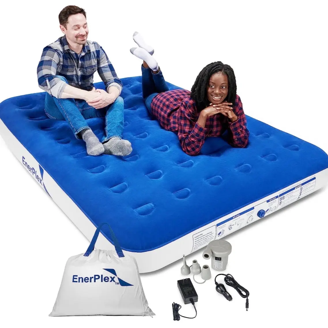EnerPlex Never-Leak Camping Series Queen Camping Airbed with High Speed Pump Air Mattress Single High Inflatable Blow Up Bed for Home Camping Travel