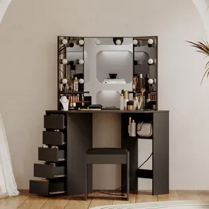 Corner Vanity Desk with Mirror & Lights & Power Outlet & Brightness Adjustable 3‑Color Light for Girls and Women