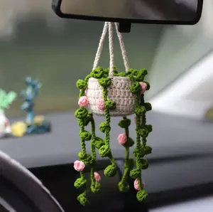 Cute Potted Plant Design Car Hanging Ornament,Knitted Car Rearview MirrorHanging Accessories, Car Interior Decoration Accessories