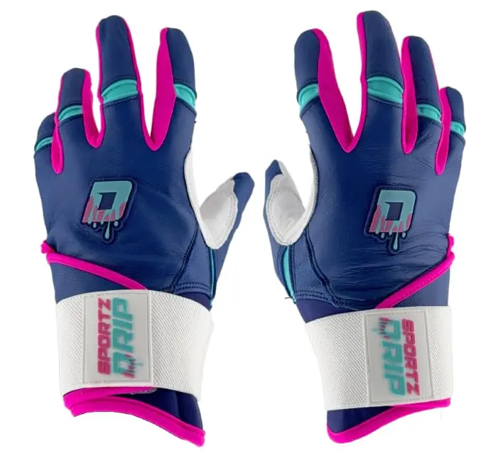 Sportz Drip Thrive Premium Baseball Batting Gloves - Leather Palm, Breathable, Multi-Size Youth/Adult, Secure Adjustable Strap, Navy Pink Teal White Colors, Secure Strap