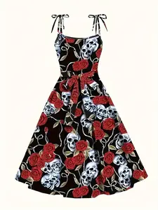 Women's Plus Size Gothic Rose Halloween Skull Print Sleeveless Dress, Adjustable Belted Waist A-Line Skirt, Casual Fashion, Summer Wear, Comfortable and Stylish, Womenswear