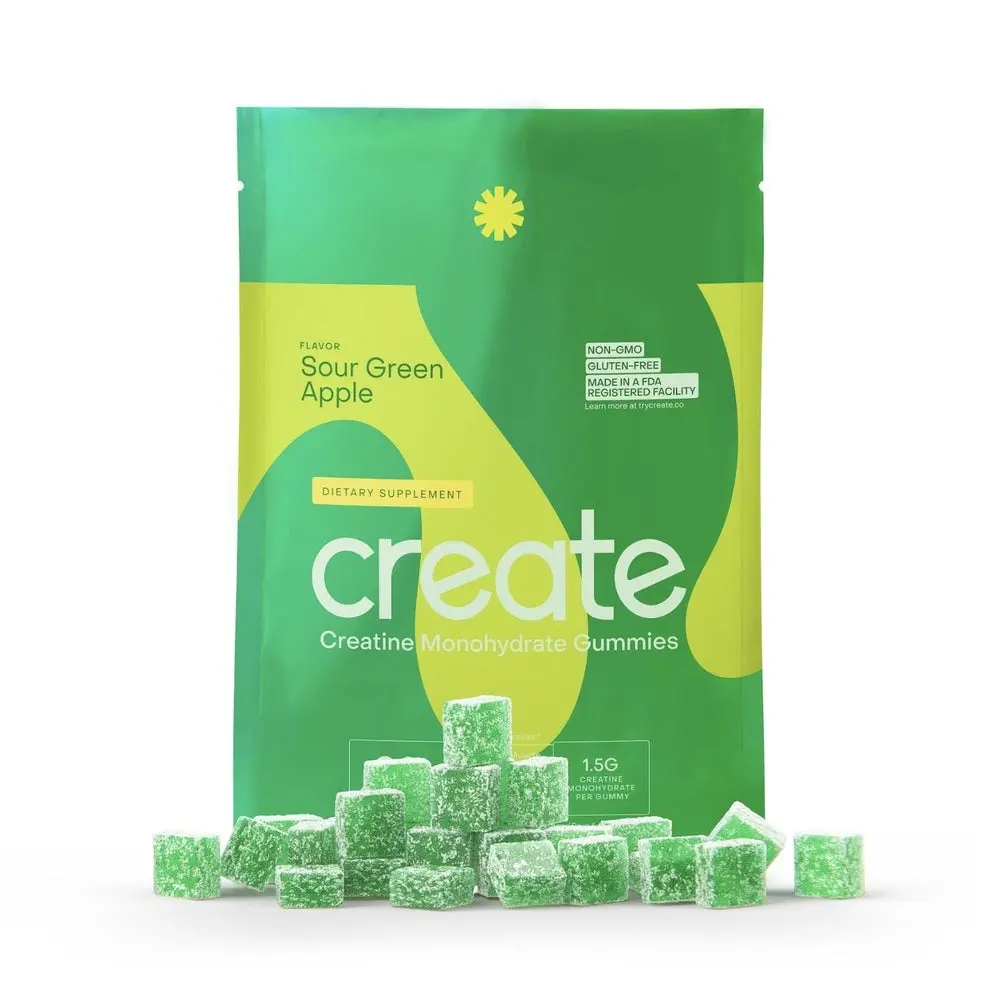 Sour Green Apple Creatine Monohydrate Gummies, 90ct, 1.56g Total Weight, Non-GMO, Gluten-Free, Natural Edible Dietary Supplement with Creatine, Supports Fitness for Men & Women