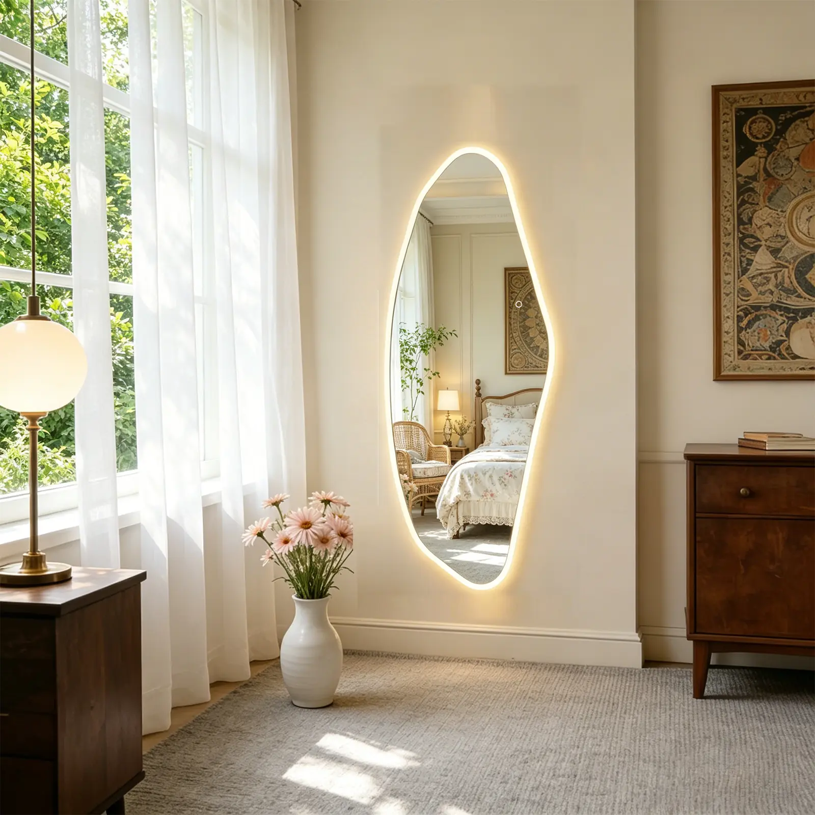 Irregular Wavy Full Length Mirror, Tempered Glass LED Full Body Mirror with 3 Color Lighting & Adjustable Brightness, Wall Mounted Touch Control Mirror for Bedroom, Closet, Dressing Room, Entryway, Modern Home Decor
