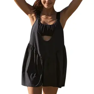 Women’s tennis dress with cutout design, loose sleeveless athletic fit, built-in bra, and shorts set—activewear suitable for workouts and golf