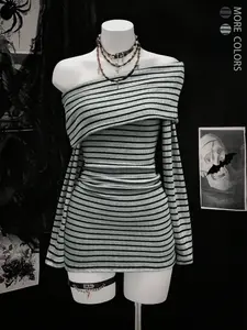 Women's Fashion Striped Long Sleeve Dress, Stylish Casual Wear, Casual Classy Dress, Perfect for Daily, Comfortable and Trendy Design，Off-the-shoulder slim-fit stretch dress