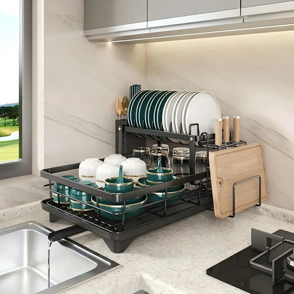 2-Layer Sustainable Metal Dish Drying Rack with 1×Cup Holder, Cutlery Holder & Rust-Proof Drip Tray - 20 - 25 Kg Capacity, Space-Saving Home Organizer for Kitchen Countertops, Condos to Keep Kitchen Neat
