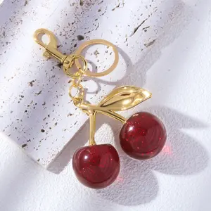 A Pair Of Red Cherry Crystal Bag Glitter Keychain,Elegant Resin Cherry Keychain,Women's Car Keychain/Bag Charm