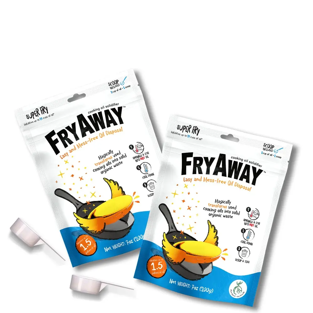 FRYAWAY Super Fry 2-Pack Cooking Oil Solidifier - As Seen on Shark Tank, Vegan, No-Rinse, Non-Aerosol, Solidifies 24 Cups, Plant-Based Powder, Mess-Free, Easy to Use, USA Made, Kosher Kitchen Cleaner Toss Away Crunch