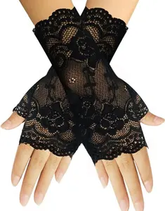 Women Short Lace Gloves Sunblock Fingerless Bridal Wrist Gloves Opera Evening Wedding Tea Party Prom Cosplay 1920s