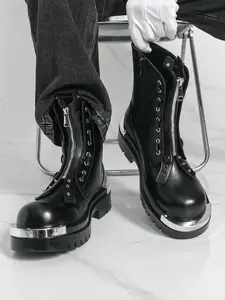 Men's Fashion Boots with Metallic Decorative Zipper, Punk Style Thick Sole Height Increasing Boots, Trendy Casual Shoes for Men