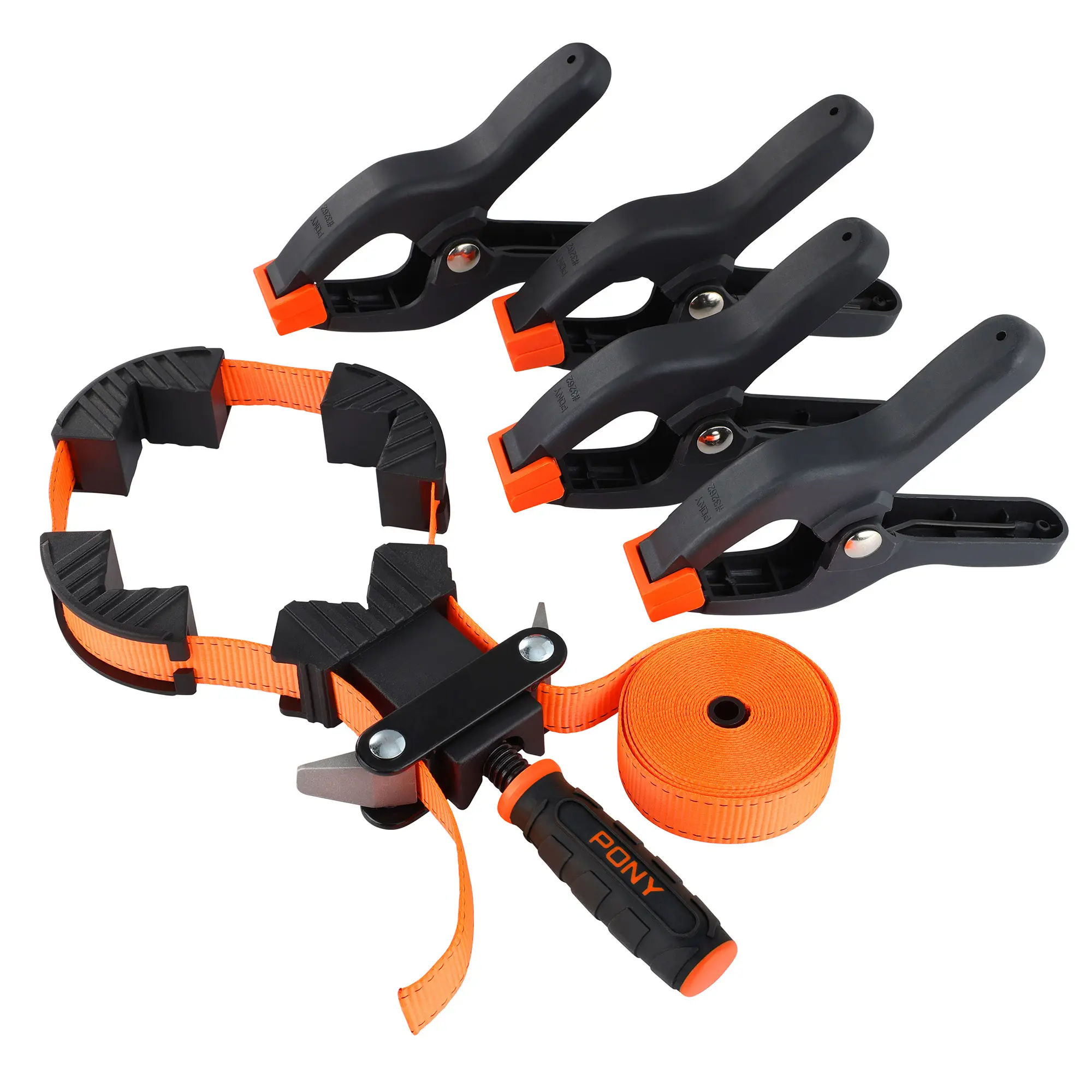 #fathersdaygift PONY 5-in-1 Strap Clamp with 4-Pack 6-2/7" Spring Clamps, Woodworking Frame Clamping Strap Holder, Rapid Acting Band Clamp