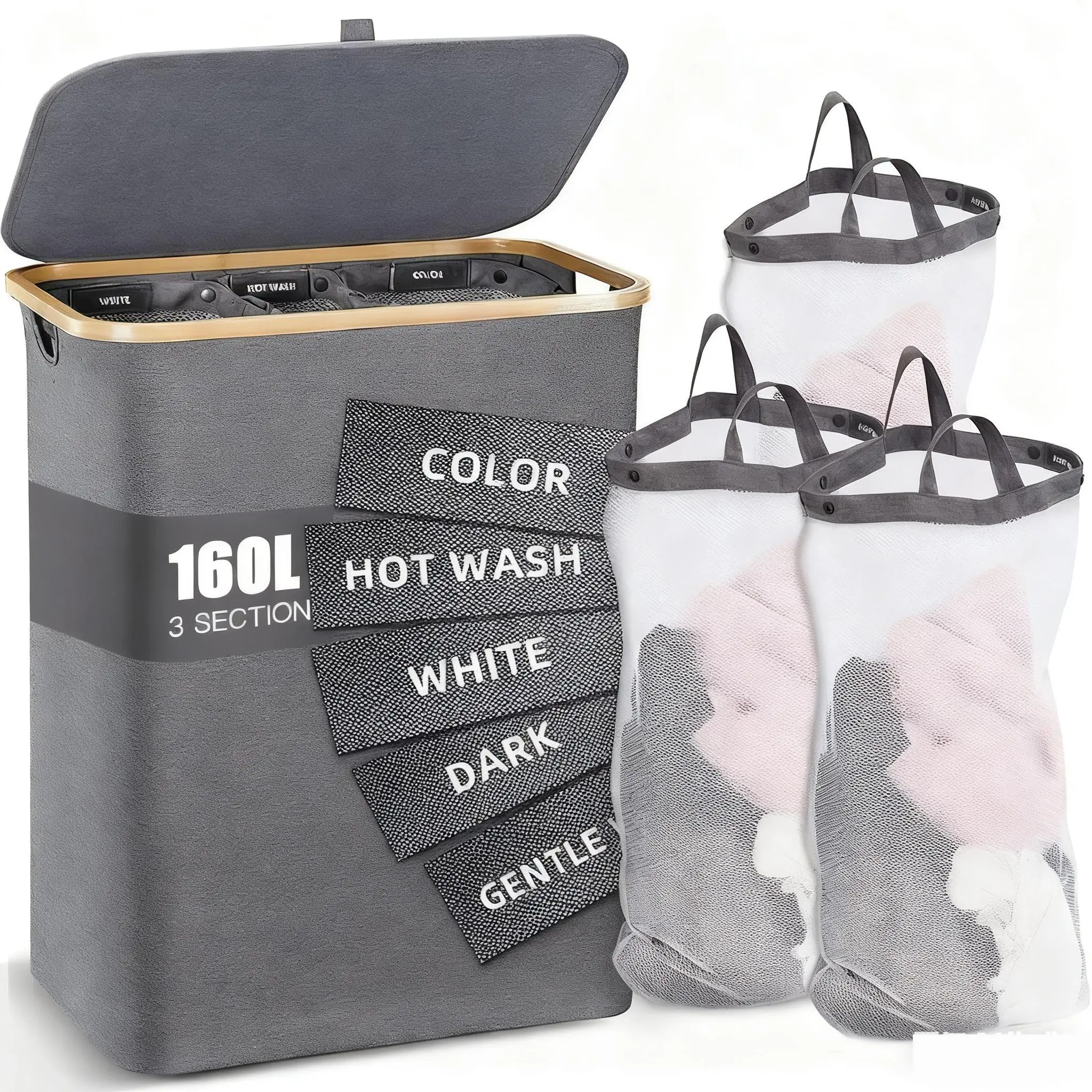 160L Eco-Friendly Bamboo Hamper - Foldable, Large-Cap, Sturdy, Breathable, Space-Saving, Odourless Organizer for 3-5 Person Family to Organize Clothes, 3-Section Self-Assembled Easy-Install Specialty Kitchen Utensil (Laundry Room, Bedroom Use)
