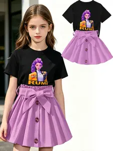 Girls' Summer Rumi Cartoon Print T-Shirt & Pleated Skirt Set, Summer Clothing Set, Fine Girls Outfit, Trendy Casual Fashion for Kids, Perfect for School, Outing, Gift
