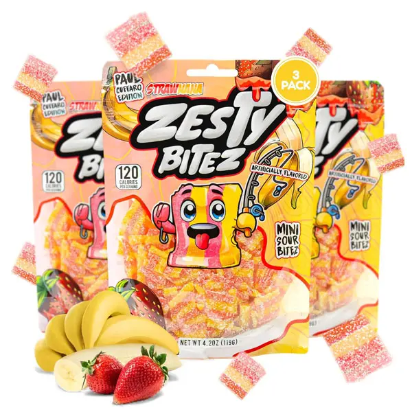 Zesty Bitez - Sour Candy Belt Bites - Ultra Thin Vegan Candy Strips, Super Sour Gummy Belts - Mouth Puckering Sweet Candies Strawberry & Banana - Bulk Resealable Pouch, Strawnana Bites (3 Pack)