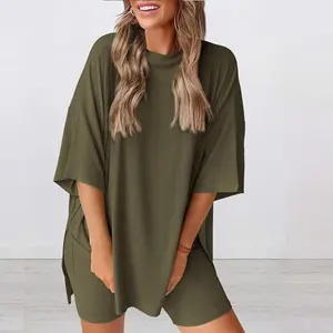 Women 2 Piece Lounge Set 2026 Summer Casual Oversized Shirts Biker Shorts Matching Airport Travel Outfit Clothes