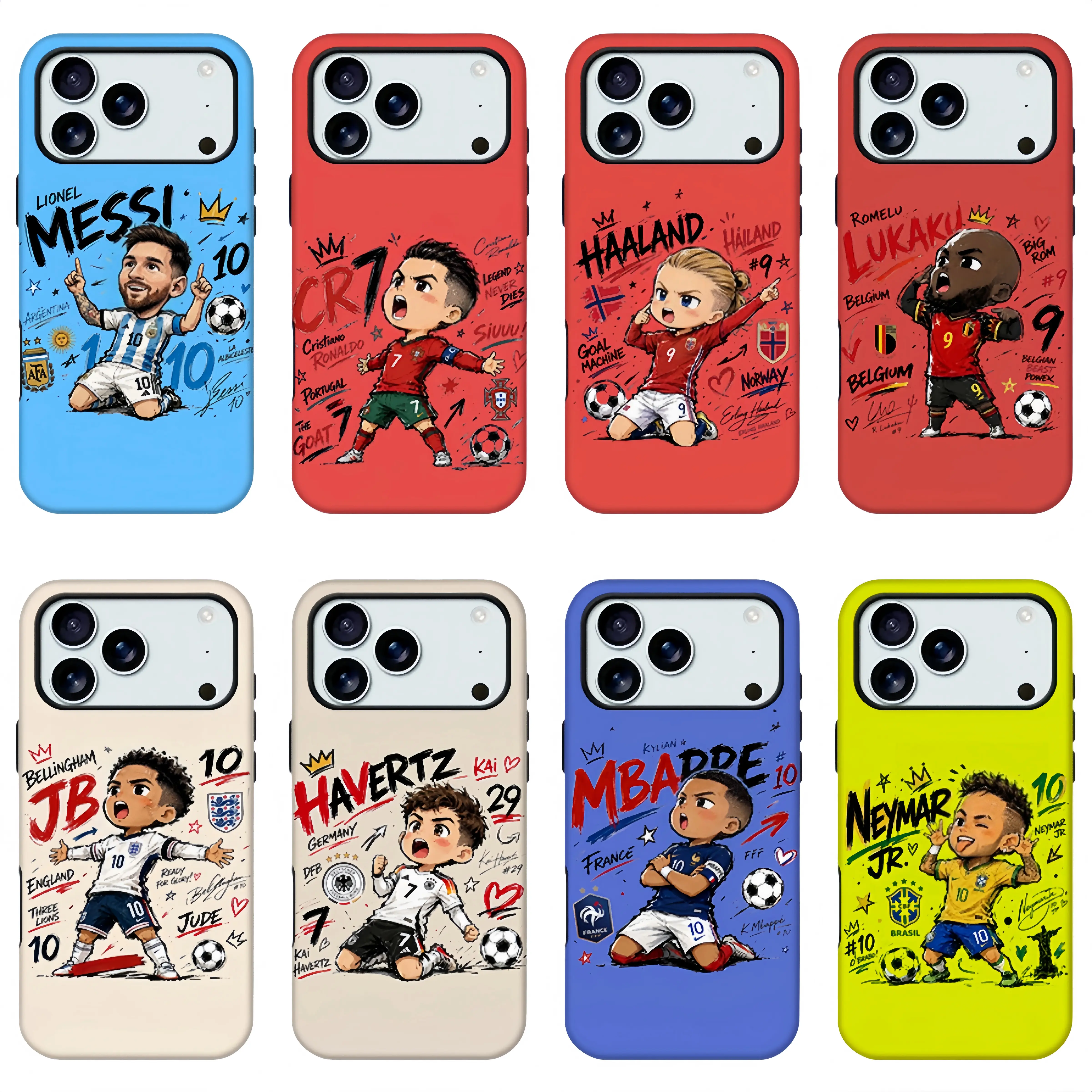 Cute Q-Version Cartoon Football Star Smartphone Case - Graffiti National Team Soccer Athlete Protective Designer Shell, Cellphone Accessories for iPhone 11-17 Pro Max & Samsung S21-S26, Handheld Girly Gift