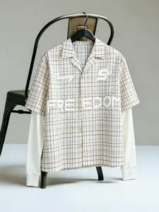 Men's Casual Plaid Button Down Shirt Fake Two-Piece Long Sleeve Letter Graphic Top For Men Daily Commute Street Outing