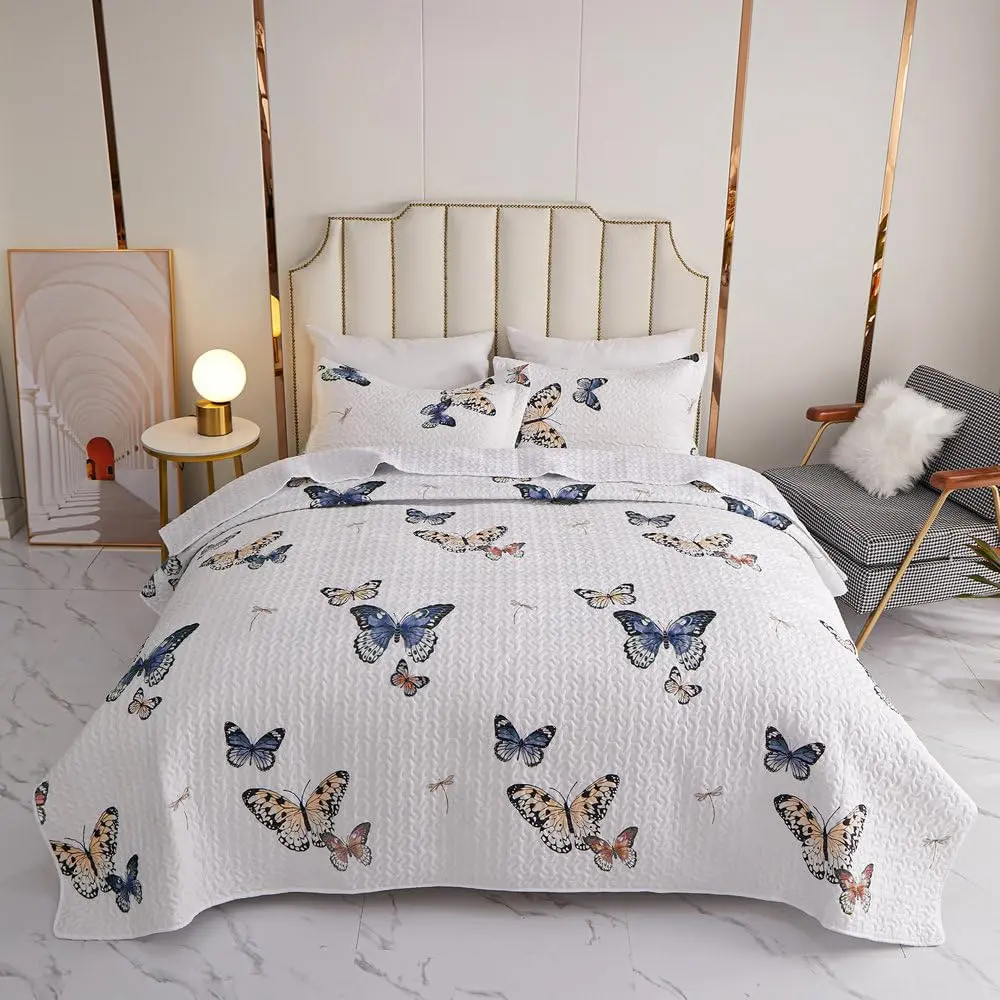 Butterfly Printed Quilt Sets King-Size - Bedspread 3 Piece Soft Microfiber Lightweight Summer, Bedding Coverlet Bed Set with 2 Pillow Shams, All Season (White)