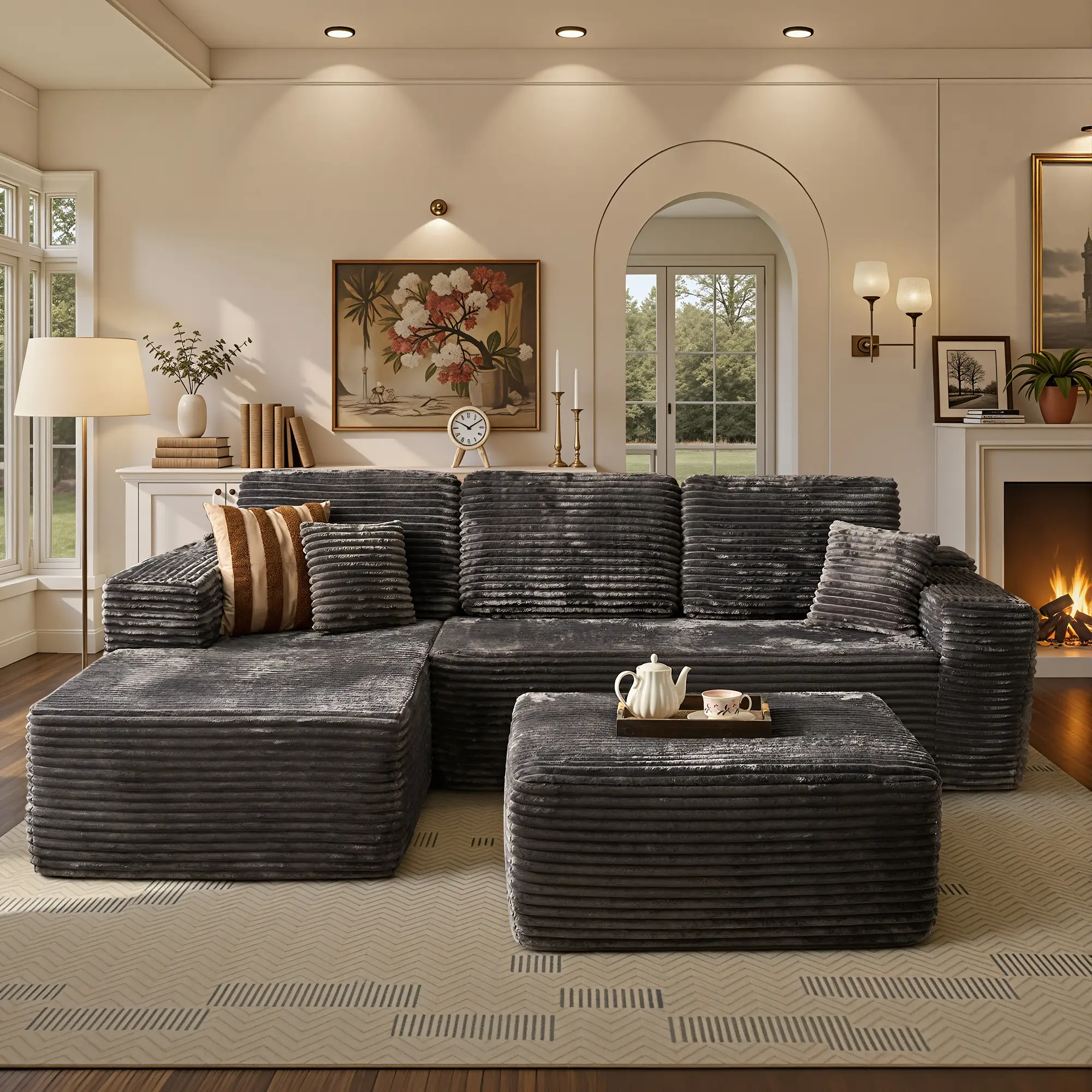 XIZZI 108" Oversized Modular Cloud Sectional Sofa Set with Ottoman - Furniture, L/U-Shaped Modular Seating Sofas, Extra-Deep High-Density Foam Plush Corduroy Boneless Couch, No-Assembly Sofa Bed for Living Room