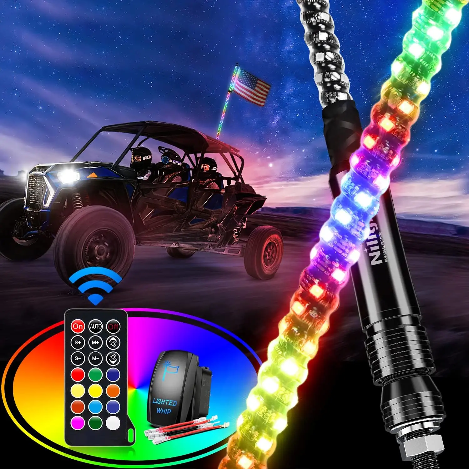 Nilight 2-ft RGB Spiral LED Whip Light - Programmable Dancing Antenna with Flashing, Strobe, Ambient, Atmosphere Lights for Can-Am, Off-Road Vehicles (UTV, ATV, 4-Wheeler) #SummerVibes, Flashing Lights, Led Ambient Light
