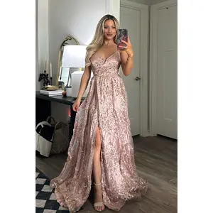 Holiday Affair Sparkly Glitter Open Back Maxi Dress: Rose Gold