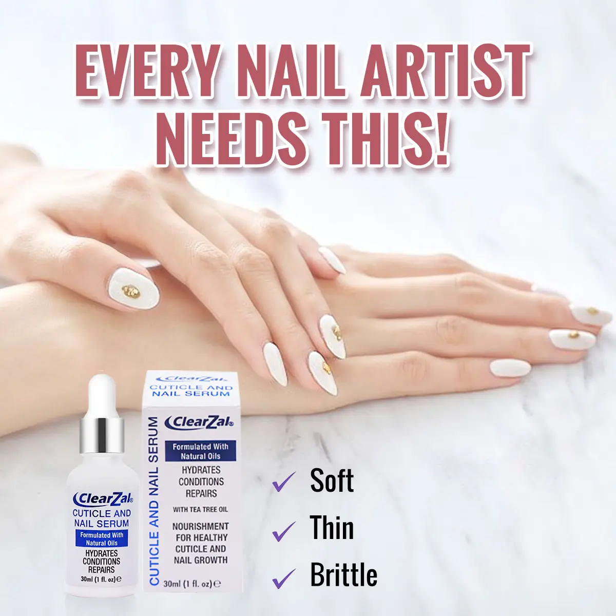 ClearZal Nail Rescue Nail and Cuticle Serum, Hydrates Conditions Repairs - 1 oz Nail Nutrition Repair damaged nails  For Weak, Thin, Soft, Peeling Nails, Enriched with Tea Tree Oil, Vitamin E,  Avocado Oil,Reinforces, Thickens Nails, Promotes Flexibilit