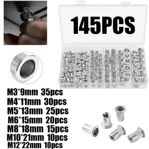145pcs Rivet Nuts Set M3-M12, Aluminum Flat Head Embedded Rivet Nuts, Threaded Insert Nuts, Suitable for Hardware Accessories