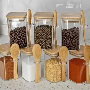 Square Glass Spice Jar with Bamboo Lid & Spoon, 1/2/4/8/10/12pcs 260ML Seasoning Jar, Food Storage Container, Kitchen Seasoning Utensils, Tin