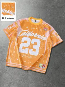 Men's Pink California 23 Rhinestone Oversized Jersey, Everyday Athletic Tee, Sparkly Mesh Short Sleeve V-Neck Athletic Tee, Edgy Y2K Streetwear Top for Street Style & All-Day Daily Wear #MensStreetwearJersey #PinkSportswear #VersatileSummerTee