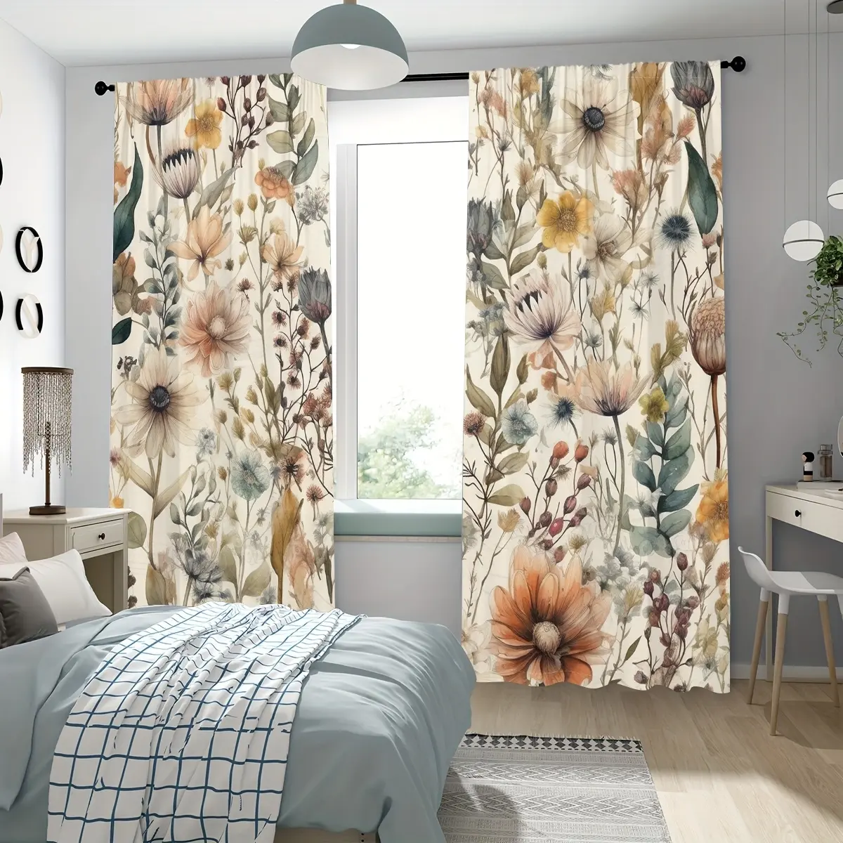2 Bohemian retro art printed curtains, Home Decorative Curtain, Window Drapes, Floral pattern, pole pocket hanging, window treatment, polyester fiber, semi blackout enhanced privacy, suitable for bedroom, living room, office home decoration