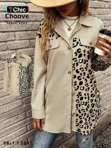 Women's Leopard Patchwork Print Button Front Drop Shoulder Shirt, Casual Long Sleeve Fake Pocket Decor Collared Top for Fall & Winter, Women's Clothes for Daily Wear, Casual Classy Top