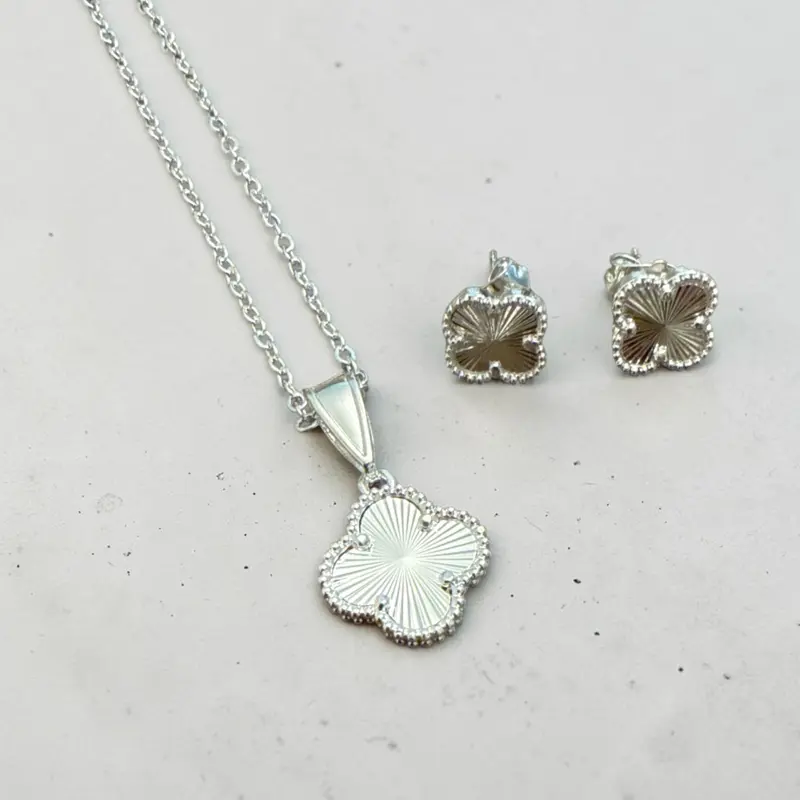 Four-Leaf Clover Pendant Necklace & Matching Stud Earrings Set for Women