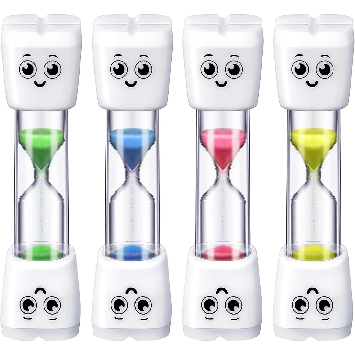 XY-TIM03 Waterproof 4-Piece Kids Toothbrush Sand Timer - Firm PVC Glass, Small Size, 2 Min Time, Smile Pattern, Bathroom Oral Hygiene Supplies, Party Favors for Boys & Girls (Blue,Pink,Yellow,Green), Friends, Children