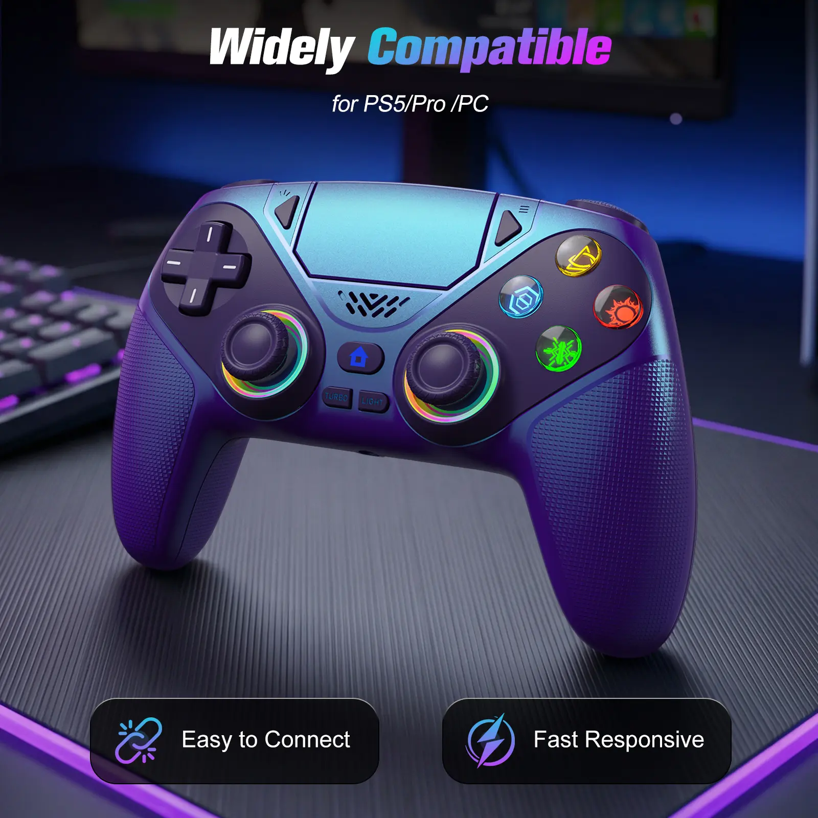 PS5 with LED RGB Light-Wireless Gaming Controller Pro, Turbo & Macro Programmable Compatible with Playstation 5,Dual Vibration, Motion Sensing, Programmable Buttons & 1000mAh Fast-Charging Anti-Drift Calibration Guide