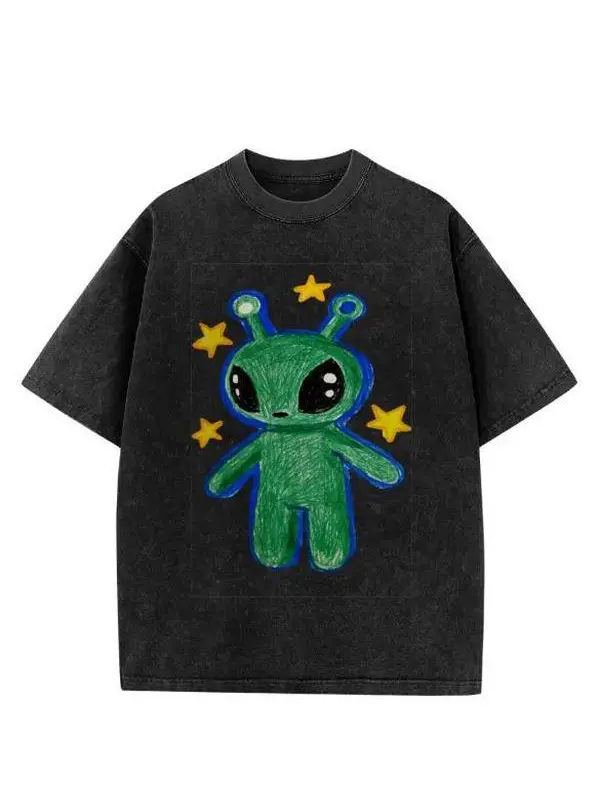 Cute Alien Graphic Vintage Washed T Shirt Unisex Streetwear Trend 2026 Cosmic Aesthetic Tee Soft Cotton Oversized Casual Festival Outfit Y2K Galaxy Space Style Trendy Graphic Tee For Men Women Daily Wear Gift Tshirt
