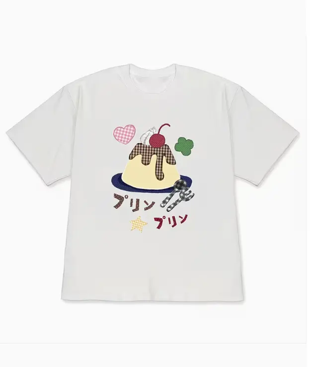 Japanese Pudding Cute Patchwork Print Crew Neck Casual Short Sleeve Y2K Kawaii Dessert Graphic T-Shirt
