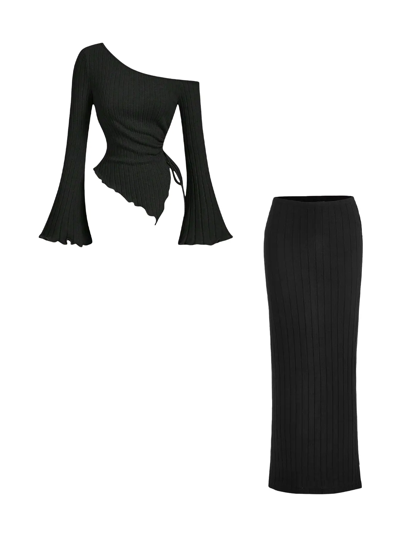 High-waisted ribbed knit skirt set, Long Sleeve, elegant women's long, fitted, solid black ribbed knit skirt for professional office wear in spring and autumn, Womenswear, Clothes